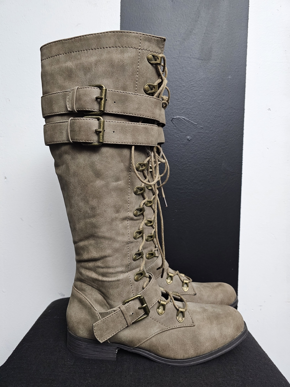 JustFab Taupe Over-the-Knee Lace-Up Buckle Boots